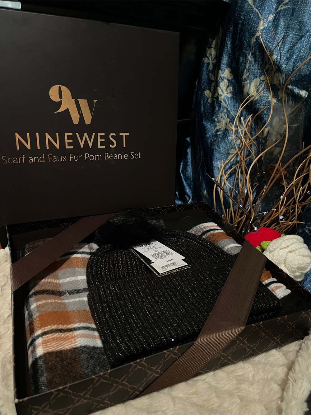 nwt Nine West Faux Fur Pom Beanie & Plaid Scarf Set